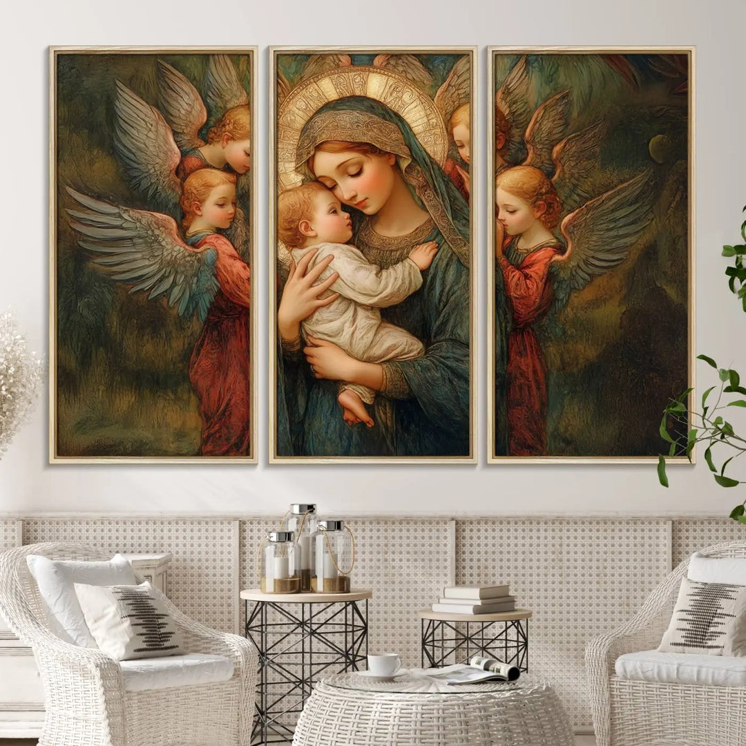 Mary Jesus Canvas Wall Art Print - Madonna and Child with Apostles Art Print - Classic Christian Artwork Print for Prayer or Church Decor