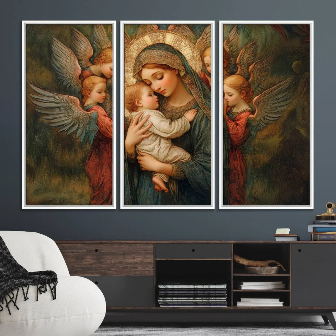 Mary Jesus Canvas Wall Art Print - Madonna and Child with Apostles Art Print - Classic Christian Artwork Print for Prayer or Church Decor