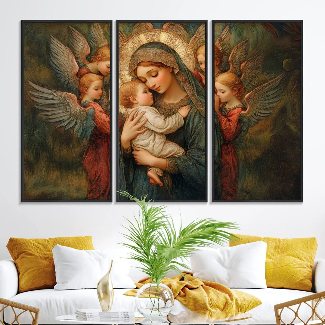 Mary Jesus Canvas Wall Art Print - Madonna and Child with Apostles Art Print - Classic Christian Artwork Print for Prayer or Church Decor