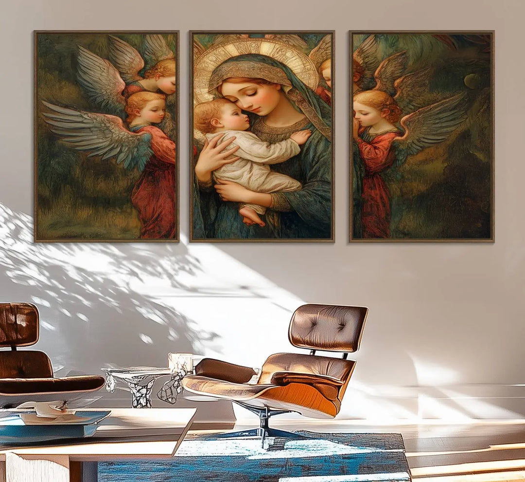 Mary Jesus Canvas Wall Art Print - Madonna and Child with Apostles Art Print - Classic Christian Artwork Print for Prayer or Church Decor