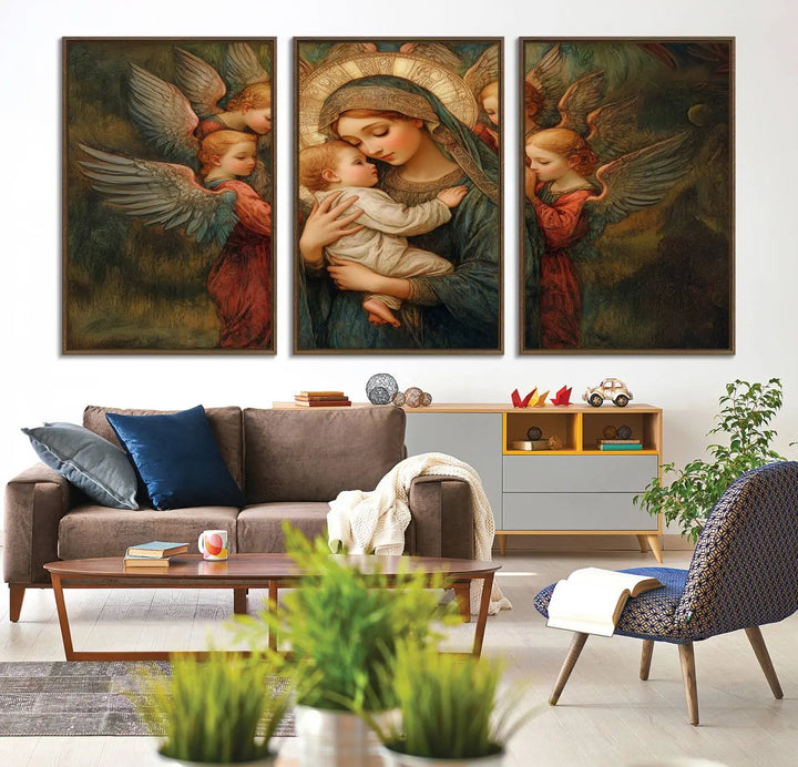 Mary Jesus Canvas Wall Art Print - Madonna and Child with Apostles Art Print - Classic Christian Artwork Print for Prayer or Church Decor