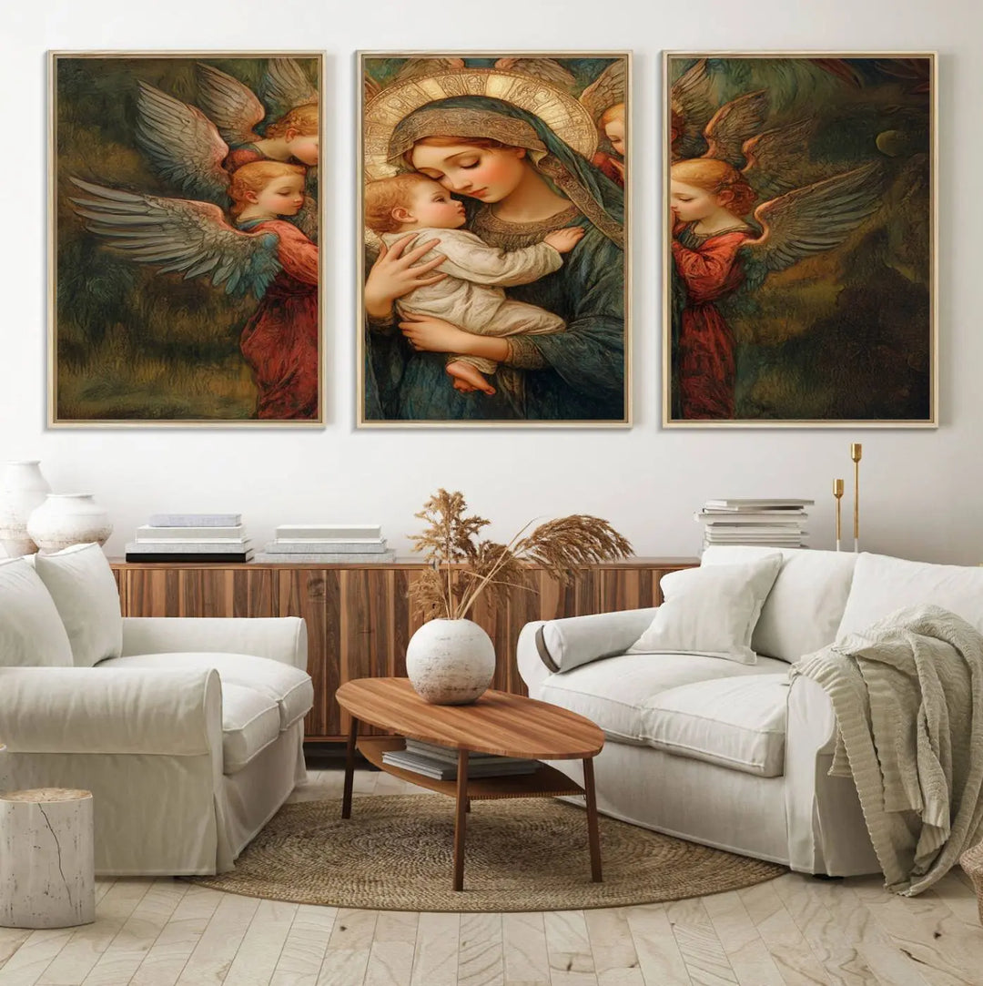 Mary Jesus Canvas Wall Art Print - Madonna and Child with Apostles Art Print - Classic Christian Artwork Print for Prayer or Church Decor