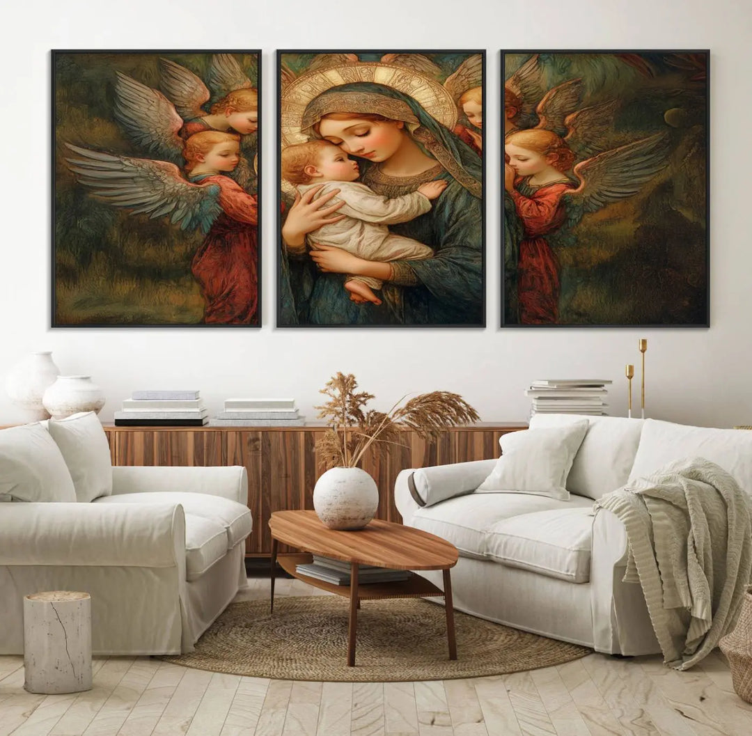 Mary Jesus Canvas Wall Art Print - Madonna and Child with Apostles Art Print - Classic Christian Artwork Print for Prayer or Church Decor