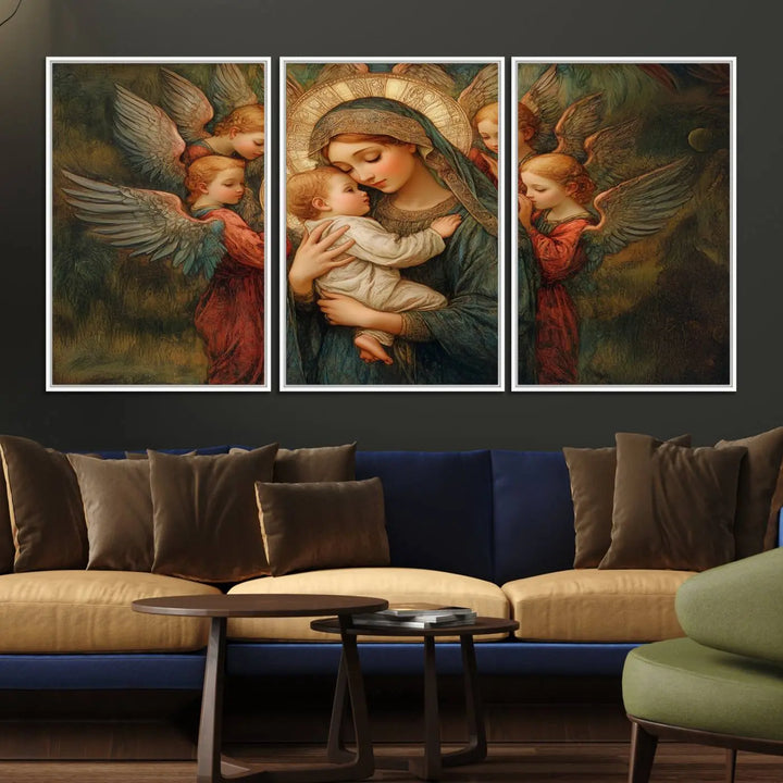 Mary Jesus Canvas Wall Art Print - Madonna and Child with Apostles Art Print - Classic Christian Artwork Print for Prayer or Church Decor