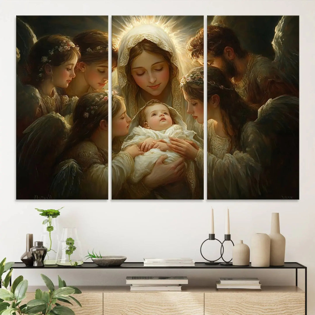 Mary Jesus Canvas Wall Art Print - Madonna and Child with Apostles Art Print - Classic Christian Artwork Print for Prayer or Church Decor