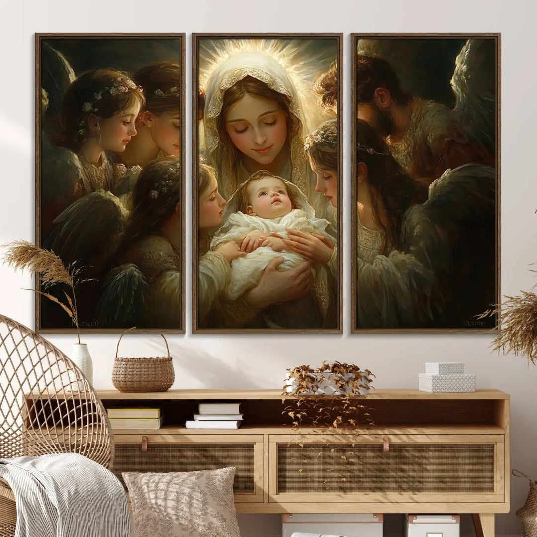 Mary Jesus Canvas Wall Art Print - Madonna and Child with Apostles Art Print - Classic Christian Artwork Print for Prayer or Church Decor