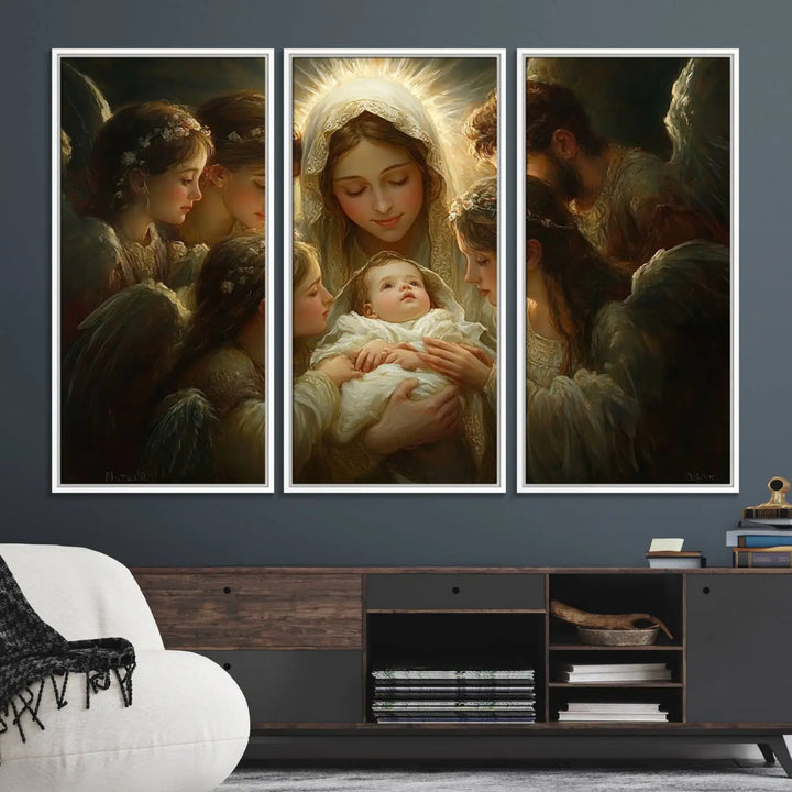 Mary Jesus Canvas Wall Art Print - Madonna and Child with Apostles Art Print - Classic Christian Artwork Print for Prayer or Church Decor