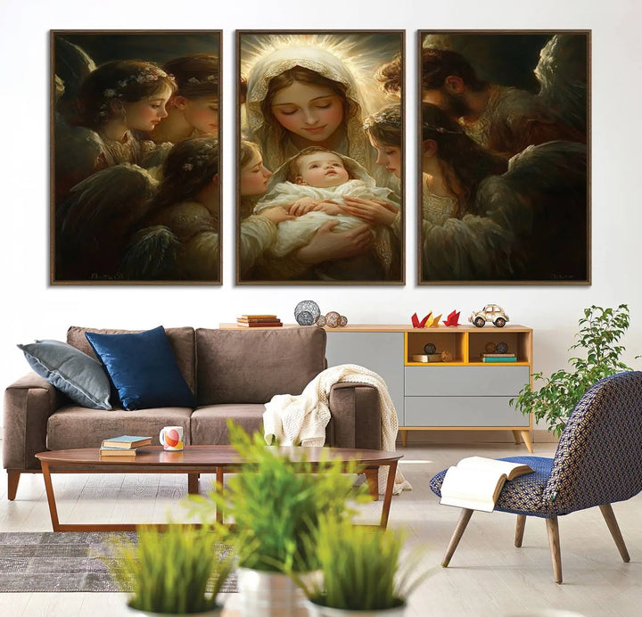 Mary Jesus Canvas Wall Art Print - Madonna and Child with Apostles Art Print - Classic Christian Artwork Print for Prayer or Church Decor