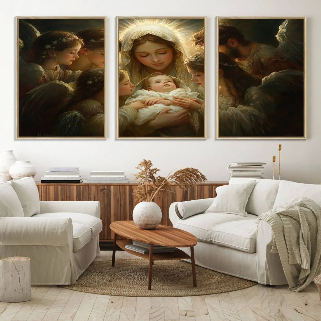 Mary Jesus Canvas Wall Art Print - Madonna and Child with Apostles Art Print - Classic Christian Artwork Print for Prayer or Church Decor