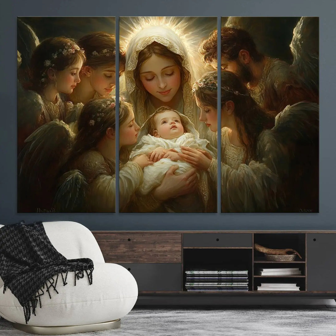 Mary Jesus Canvas Wall Art Print - Madonna and Child with Apostles Art Print - Classic Christian Artwork Print for Prayer or Church Decor