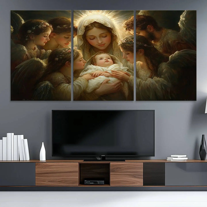 Mary Jesus Canvas Wall Art Print - Madonna and Child with Apostles Art Print - Classic Christian Artwork Print for Prayer or Church Decor