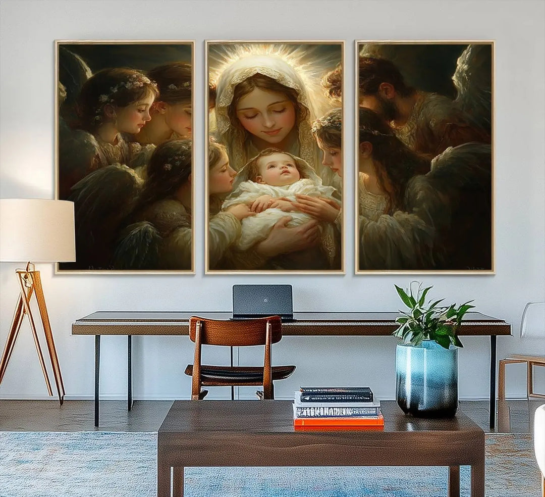 Mary Jesus Canvas Wall Art Print - Madonna and Child with Apostles Art Print - Classic Christian Artwork Print for Prayer or Church Decor