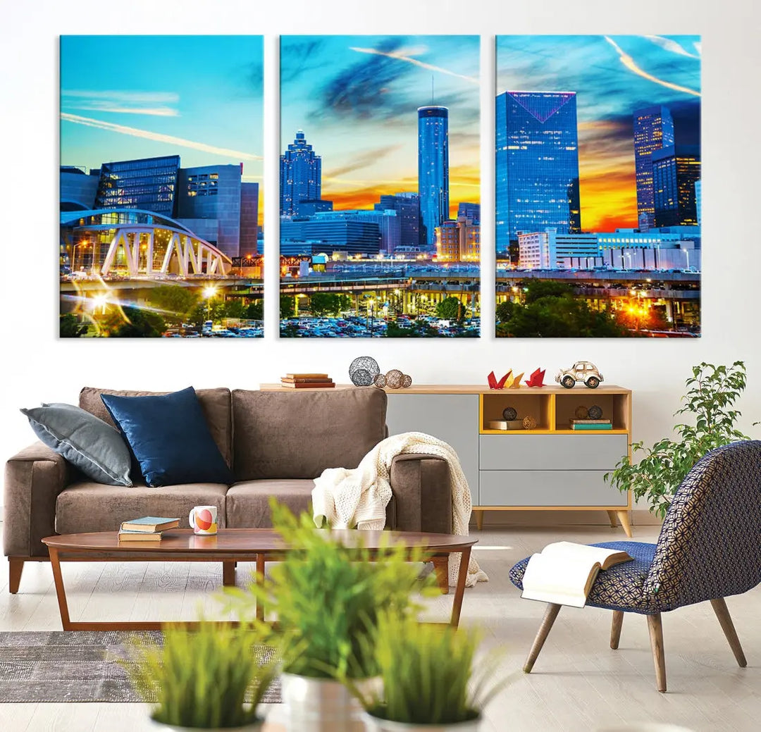 Mesmerizing Atlanta City Sunset Blue Skyline Cityscape Large Canvas Wall Art Print