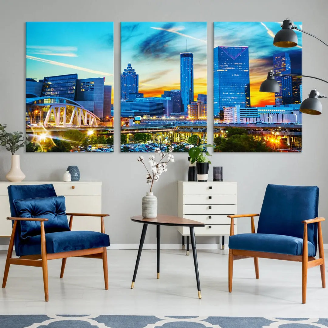 Mesmerizing Atlanta City Sunset Blue Skyline Cityscape Large Canvas Wall Art Print