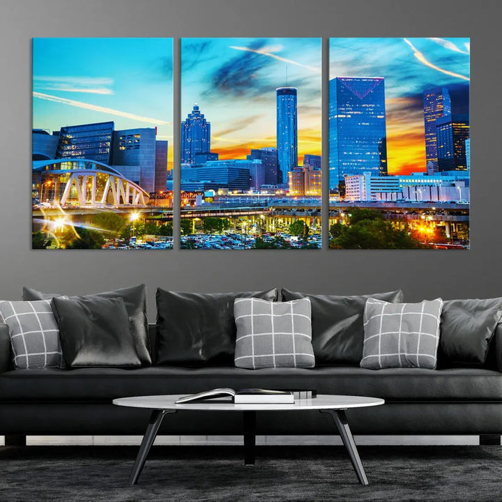 Mesmerizing Atlanta City Sunset Blue Skyline Cityscape Large Canvas Wall Art Print