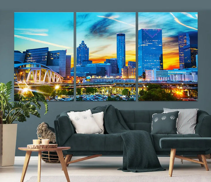 Mesmerizing Atlanta City Sunset Blue Skyline Cityscape Large Canvas Wall Art Print