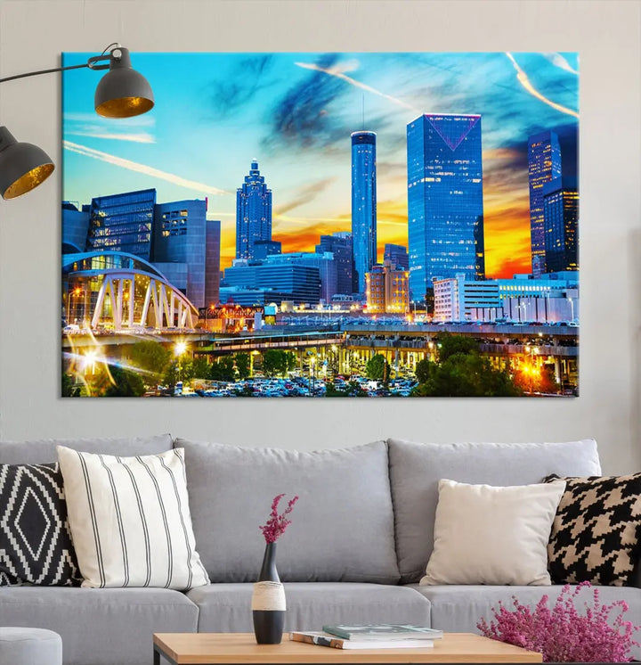 Mesmerizing Atlanta City Sunset Blue Skyline Cityscape Large Canvas Wall Art Print