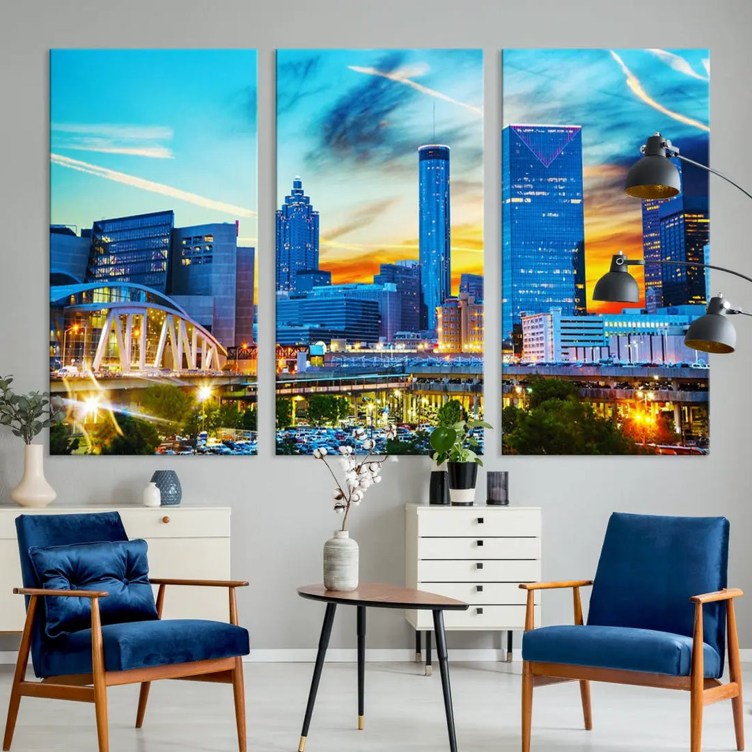 Mesmerizing Atlanta City Sunset Blue Skyline Cityscape Large Canvas Wall Art Print