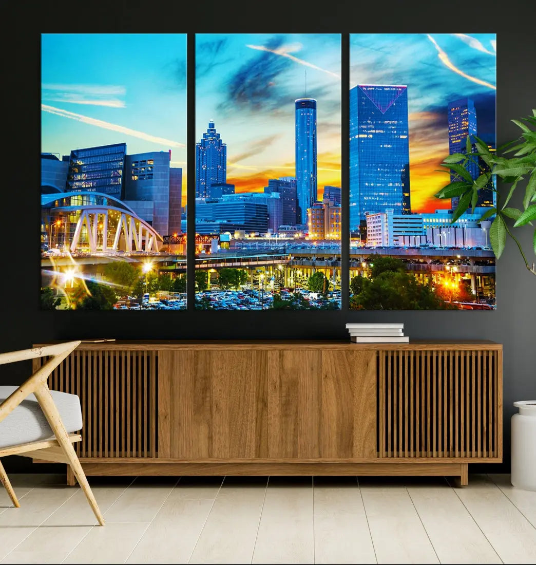 Mesmerizing Atlanta City Sunset Blue Skyline Cityscape Large Canvas Wall Art Print