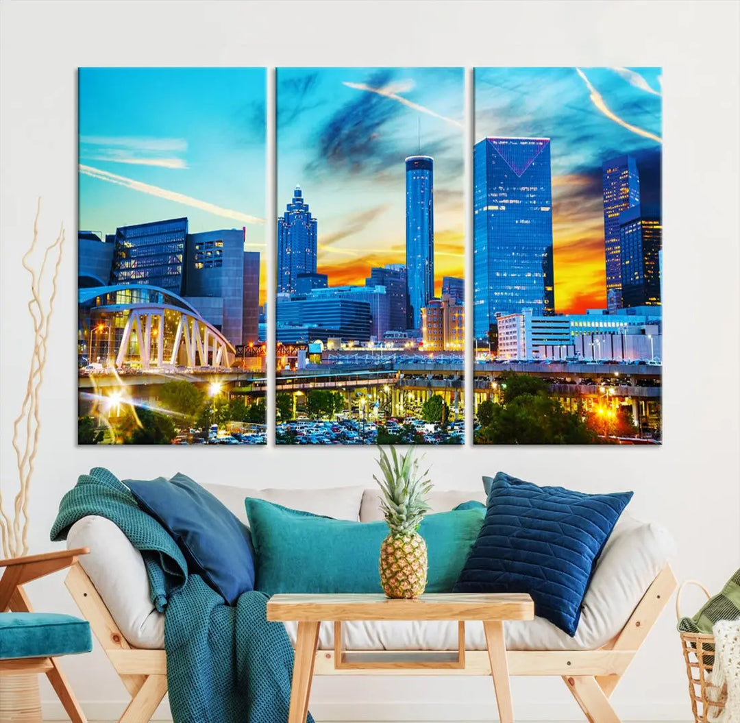 Mesmerizing Atlanta City Sunset Blue Skyline Cityscape Large Canvas Wall Art Print