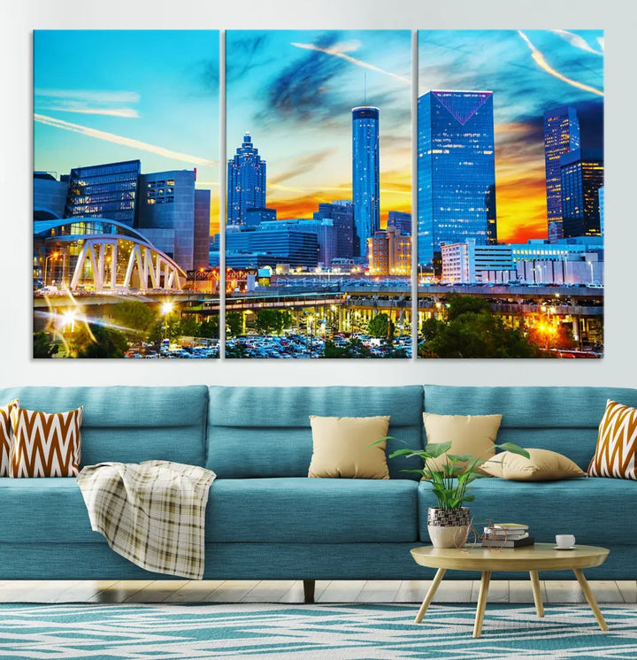 Mesmerizing Atlanta City Sunset Blue Skyline Cityscape Large Canvas Wall Art Print