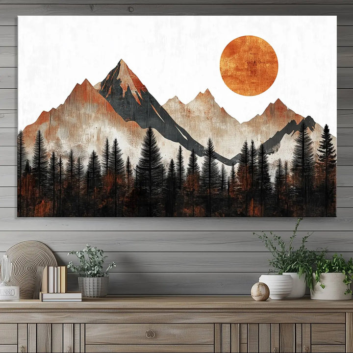 Modern Abstract Mountain Canvas Wall Art Print - Bold Landscape for Living Room, Office, or Bedroom, Rustic Sun and Mountains Design, Ready to Hang