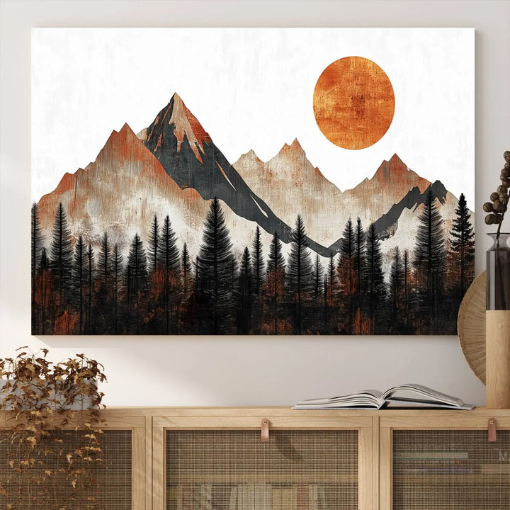 Modern Abstract Mountain Canvas Wall Art Print - Bold Landscape for Living Room, Office, or Bedroom, Rustic Sun and Mountains Design, Ready to Hang