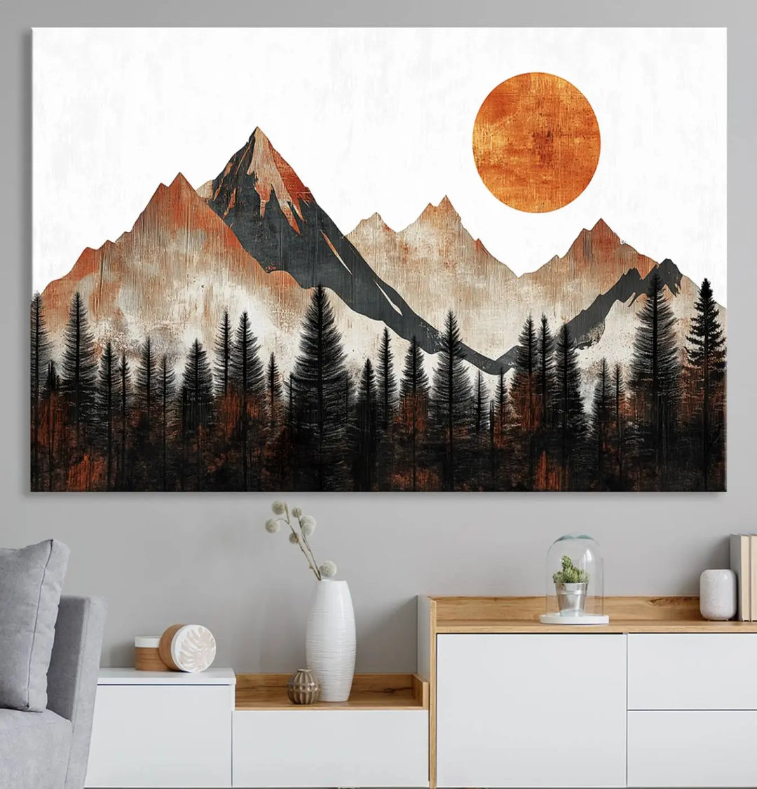 Modern Abstract Mountain Canvas Wall Art Print - Bold Landscape for Living Room, Office, or Bedroom, Rustic Sun and Mountains Design, Ready to Hang