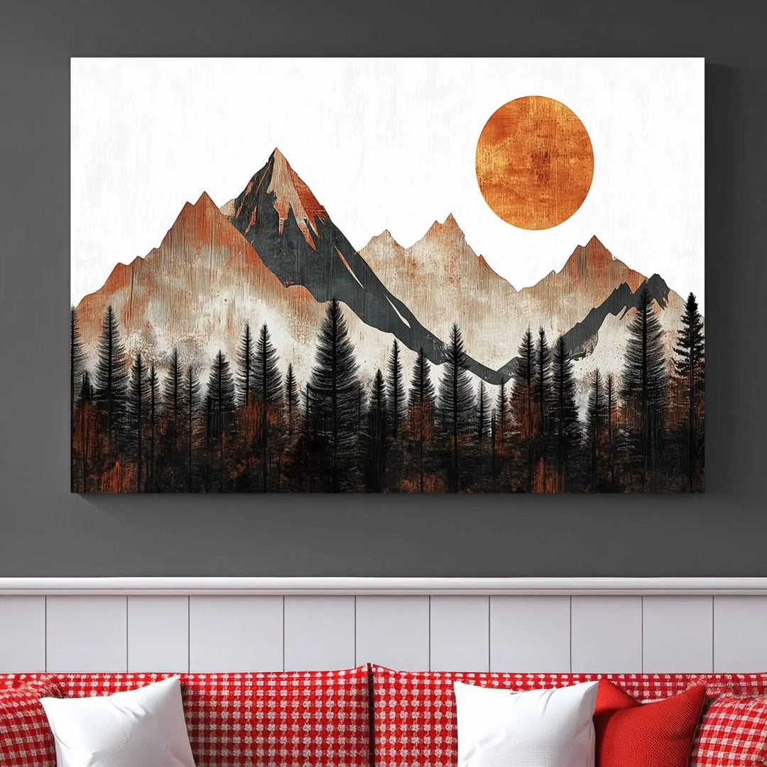 Modern Abstract Mountain Canvas Wall Art Print - Bold Landscape for Living Room, Office, or Bedroom, Rustic Sun and Mountains Design, Ready to Hang