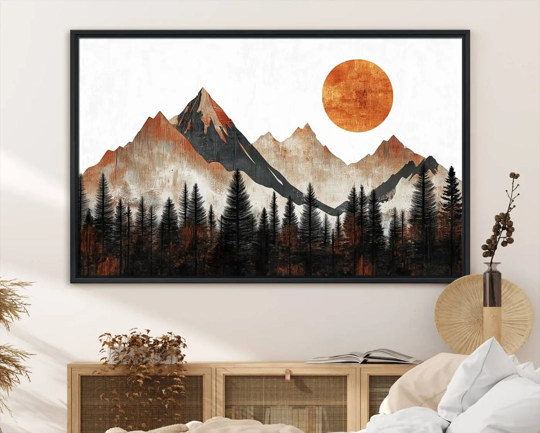 Modern Abstract Mountain Canvas Wall Art Print - Bold Landscape for Living Room, Office, or Bedroom, Rustic Sun and Mountains Design, Ready to Hang