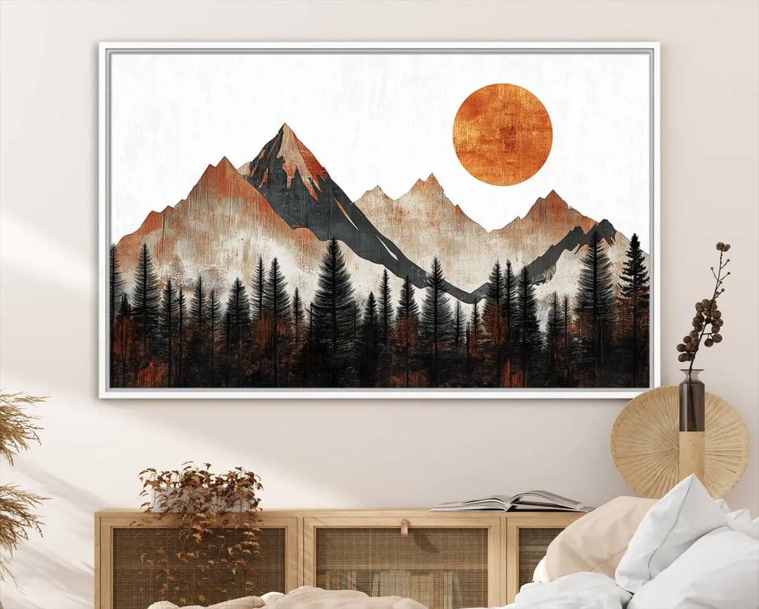 Modern Abstract Mountain Canvas Wall Art Print - Bold Landscape for Living Room, Office, or Bedroom, Rustic Sun and Mountains Design, Ready to Hang