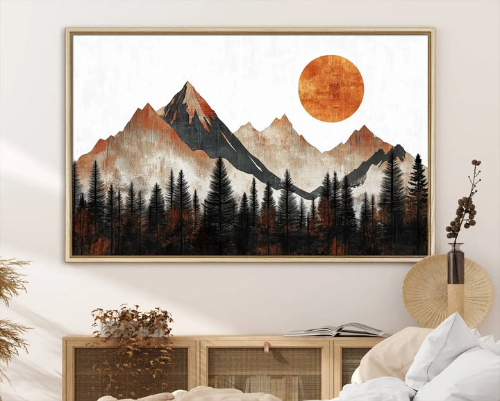 Modern Abstract Mountain Canvas Wall Art Print - Bold Landscape for Living Room, Office, or Bedroom, Rustic Sun and Mountains Design, Ready to Hang