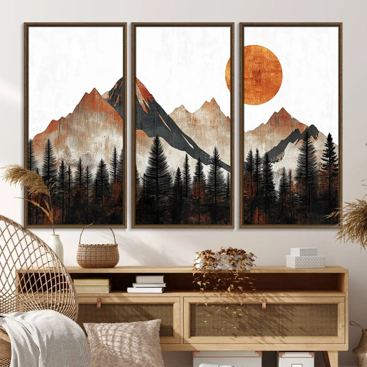 Modern Abstract Mountain Canvas Wall Art Print - Bold Landscape for Living Room, Office, or Bedroom, Rustic Sun and Mountains Design, Ready to Hang