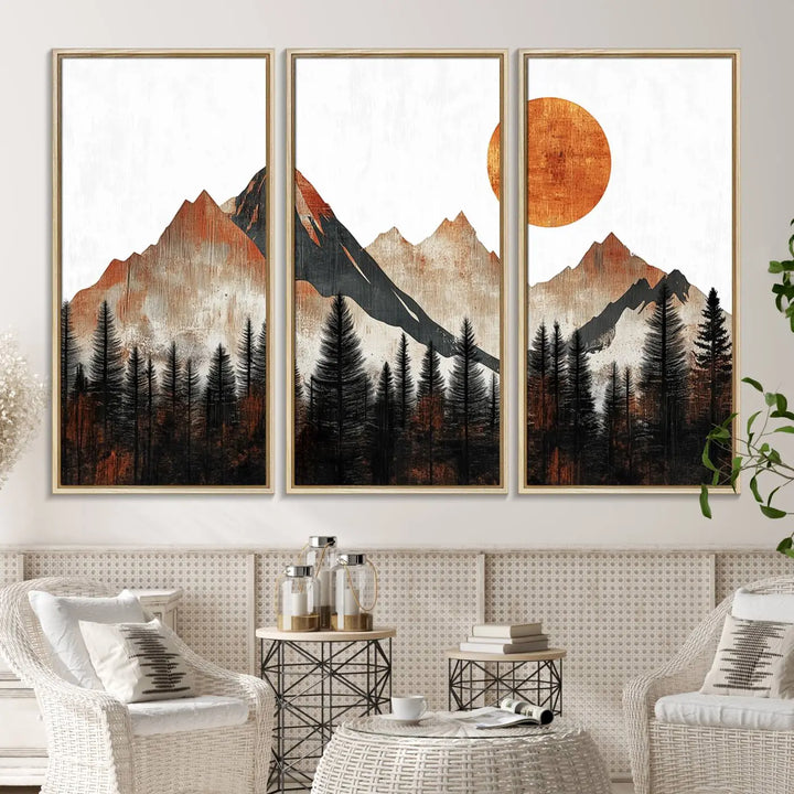 Modern Abstract Mountain Canvas Wall Art Print - Bold Landscape for Living Room, Office, or Bedroom, Rustic Sun and Mountains Design, Ready to Hang