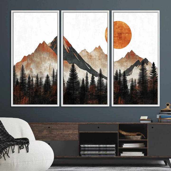 Modern Abstract Mountain Canvas Wall Art Print - Bold Landscape for Living Room, Office, or Bedroom, Rustic Sun and Mountains Design, Ready to Hang