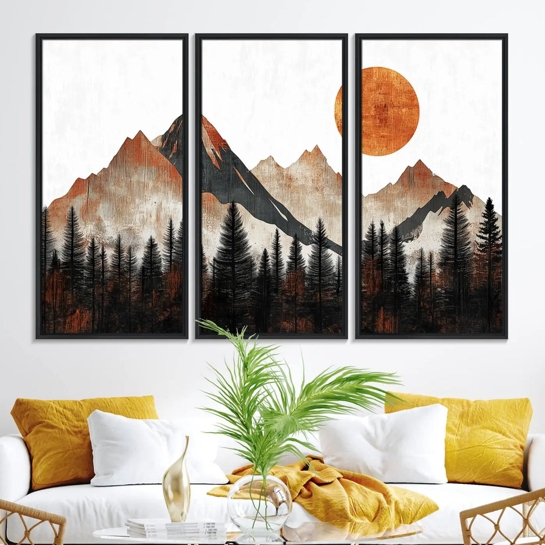 Modern Abstract Mountain Canvas Wall Art Print - Bold Landscape for Living Room, Office, or Bedroom, Rustic Sun and Mountains Design, Ready to Hang