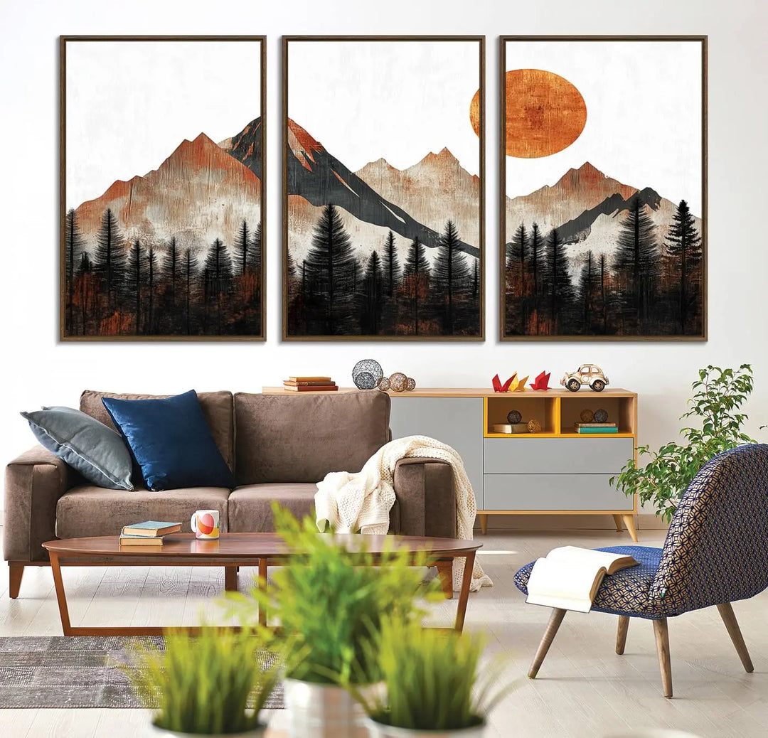 Modern Abstract Mountain Canvas Wall Art Print - Bold Landscape for Living Room, Office, or Bedroom, Rustic Sun and Mountains Design, Ready to Hang