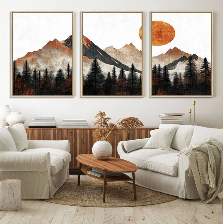 Modern Abstract Mountain Canvas Wall Art Print - Bold Landscape for Living Room, Office, or Bedroom, Rustic Sun and Mountains Design, Ready to Hang