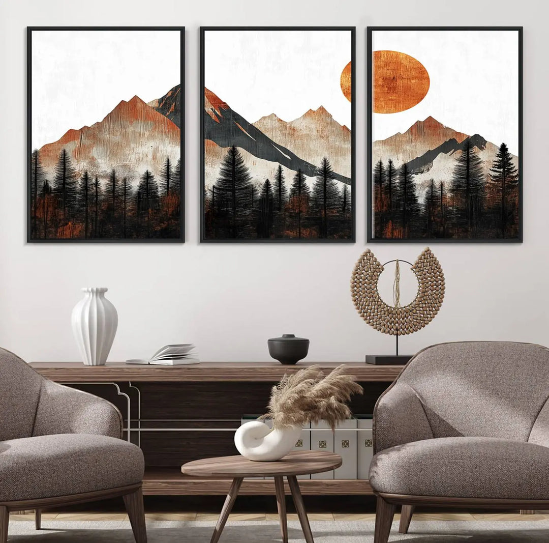 Modern Abstract Mountain Canvas Wall Art Print - Bold Landscape for Living Room, Office, or Bedroom, Rustic Sun and Mountains Design, Ready to Hang