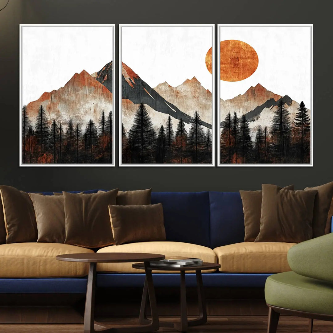 Modern Abstract Mountain Canvas Wall Art Print - Bold Landscape for Living Room, Office, or Bedroom, Rustic Sun and Mountains Design, Ready to Hang