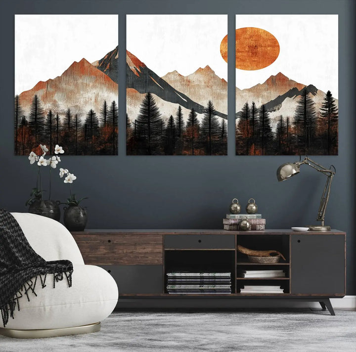 Modern Abstract Mountain Canvas Wall Art Print - Bold Landscape for Living Room, Office, or Bedroom, Rustic Sun and Mountains Design, Ready to Hang