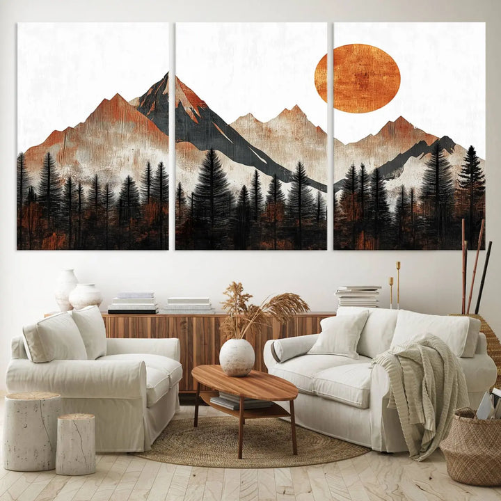 Modern Abstract Mountain Canvas Wall Art Print - Bold Landscape for Living Room, Office, or Bedroom, Rustic Sun and Mountains Design, Ready to Hang