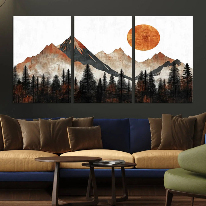 Modern Abstract Mountain Canvas Wall Art Print - Bold Landscape for Living Room, Office, or Bedroom, Rustic Sun and Mountains Design, Ready to Hang