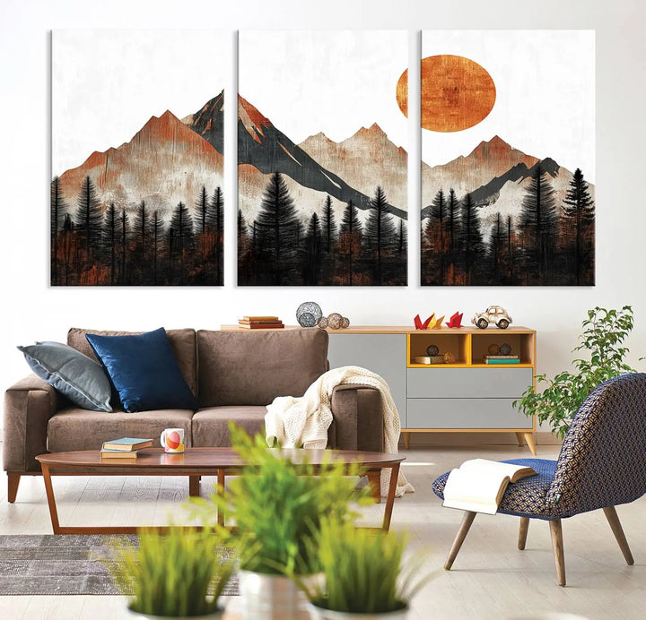 Modern Abstract Mountain Canvas Wall Art Print - Bold Landscape for Living Room, Office, or Bedroom, Rustic Sun and Mountains Design, Ready to Hang