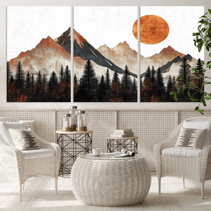 Modern Abstract Mountain Canvas Wall Art Print - Bold Landscape for Living Room, Office, or Bedroom, Rustic Sun and Mountains Design, Ready to Hang