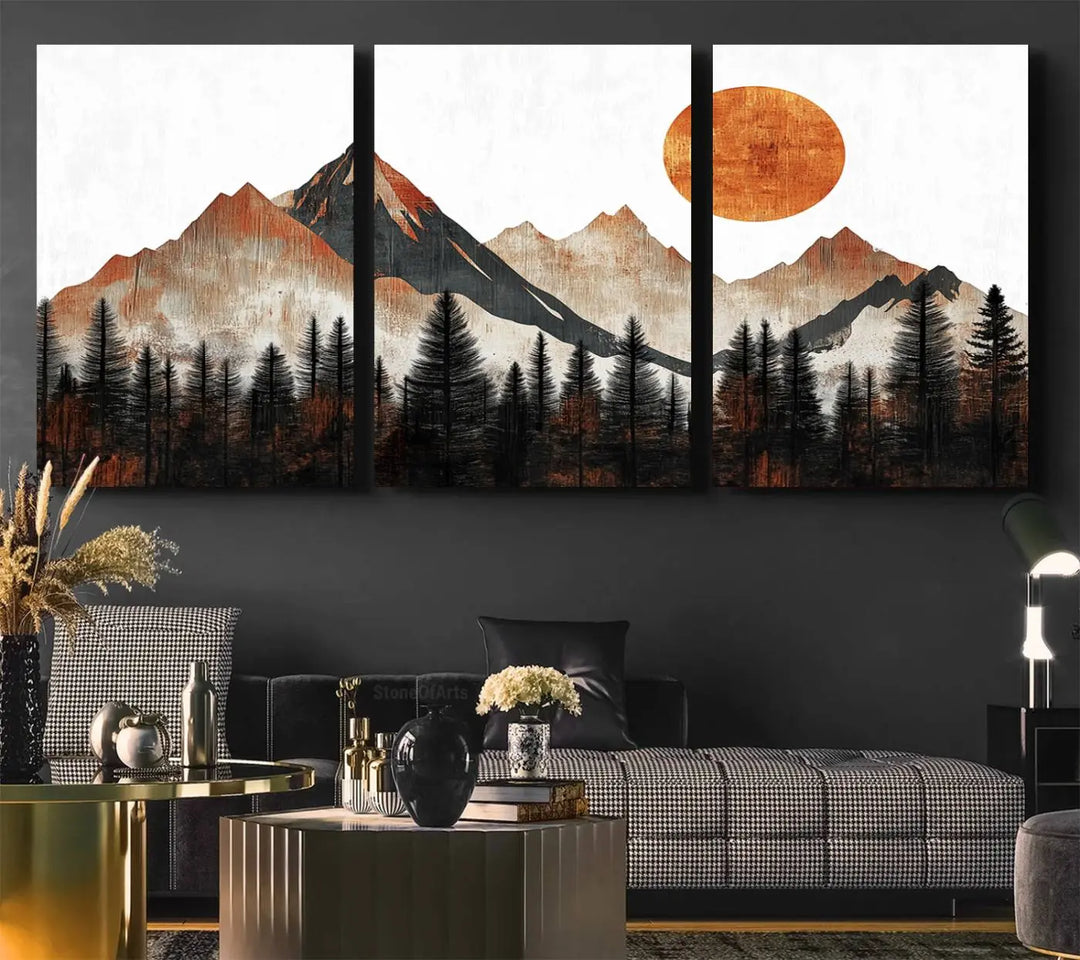 Modern Abstract Mountain Canvas Wall Art Print - Bold Landscape for Living Room, Office, or Bedroom, Rustic Sun and Mountains Design, Ready to Hang