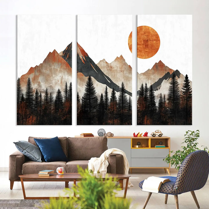 Modern Abstract Mountain Canvas Wall Art Print - Bold Landscape for Living Room, Office, or Bedroom, Rustic Sun and Mountains Design, Ready to Hang