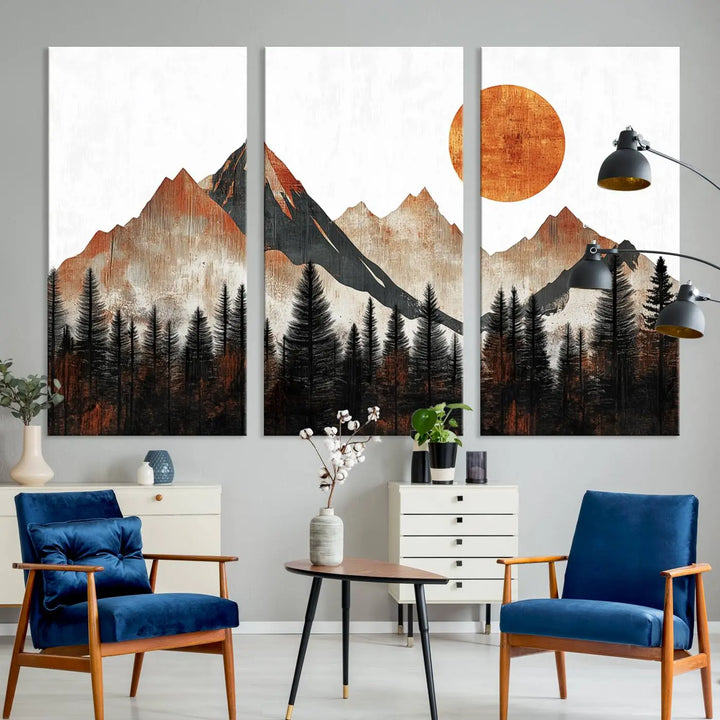 Modern Abstract Mountain Canvas Wall Art Print - Bold Landscape for Living Room, Office, or Bedroom, Rustic Sun and Mountains Design, Ready to Hang