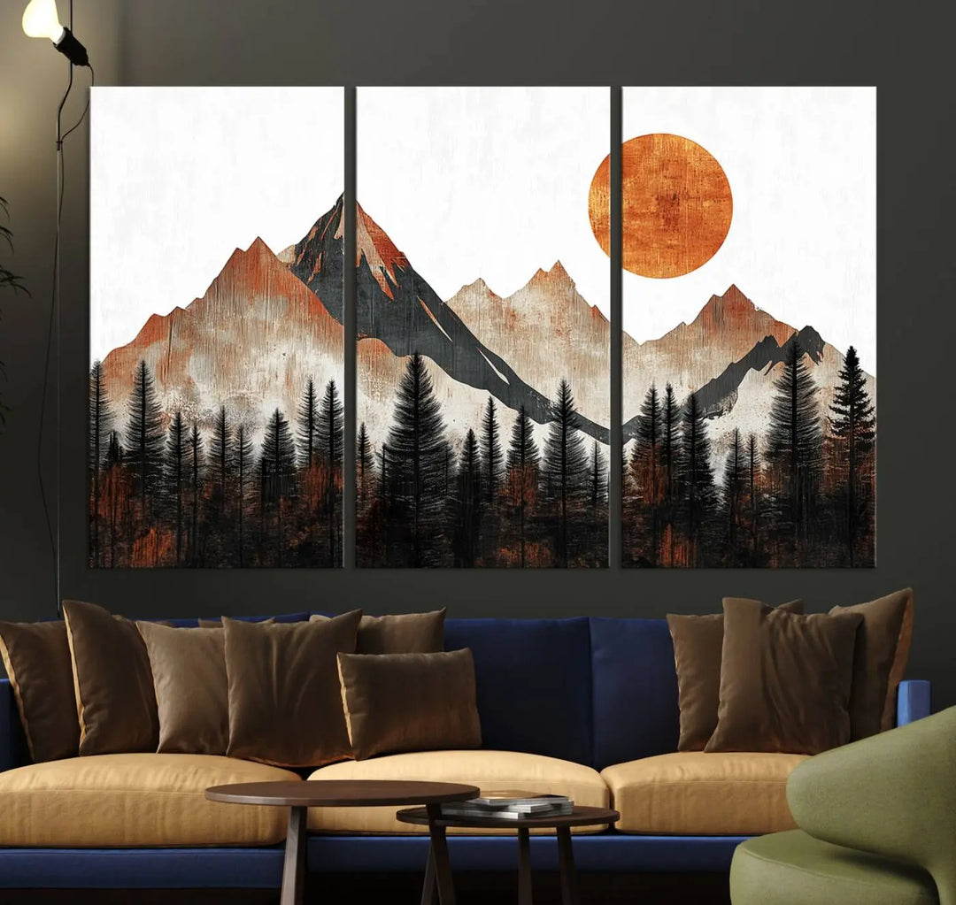 Modern Abstract Mountain Canvas Wall Art Print - Bold Landscape for Living Room, Office, or Bedroom, Rustic Sun and Mountains Design, Ready to Hang