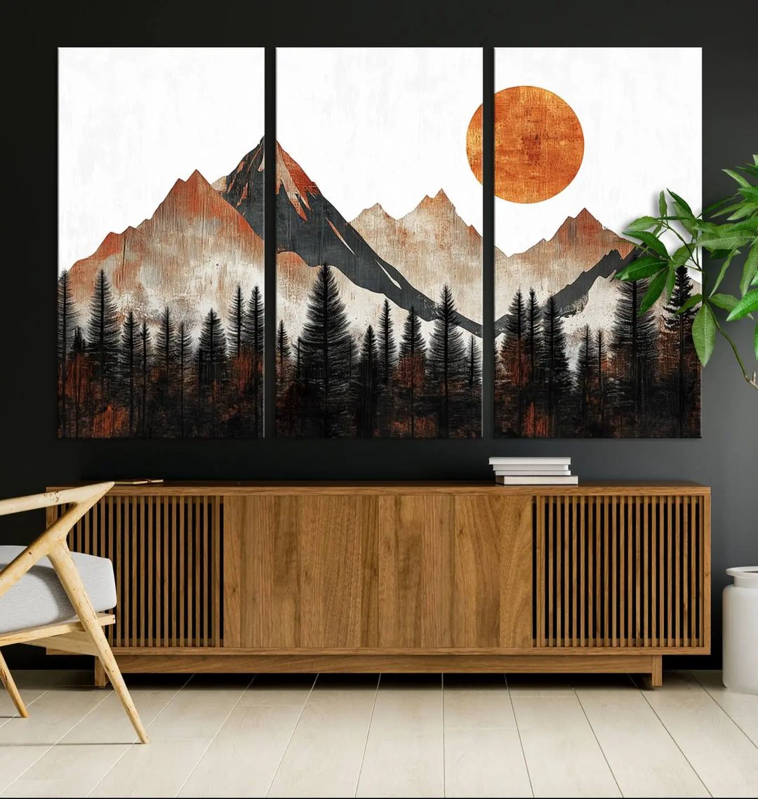 Modern Abstract Mountain Canvas Wall Art Print - Bold Landscape for Living Room, Office, or Bedroom, Rustic Sun and Mountains Design, Ready to Hang